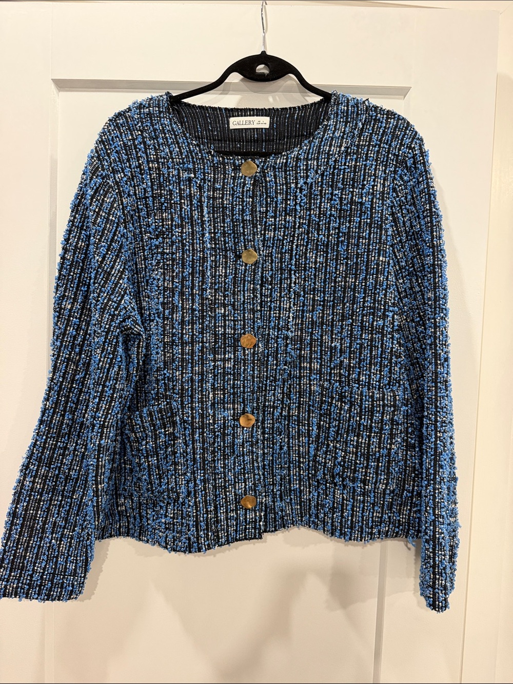 Gallery Blue and Black Ribbed Button Cardigan with Gold Buttons size L